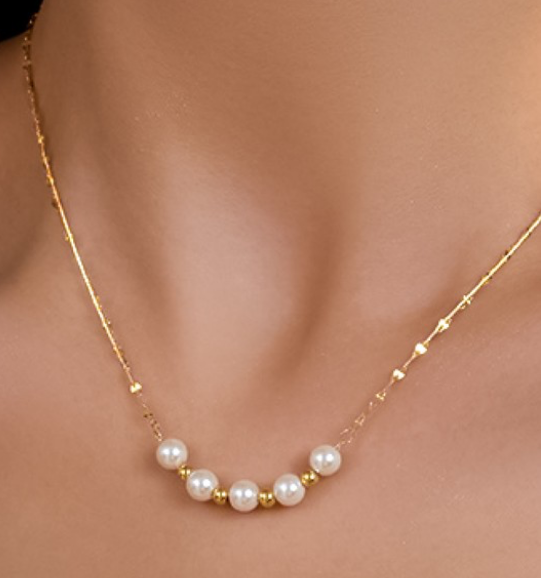 18K Gold Dainty Five Pearl Necklace